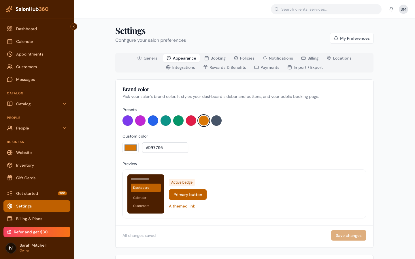 The Service layout card with four selectable layout previews