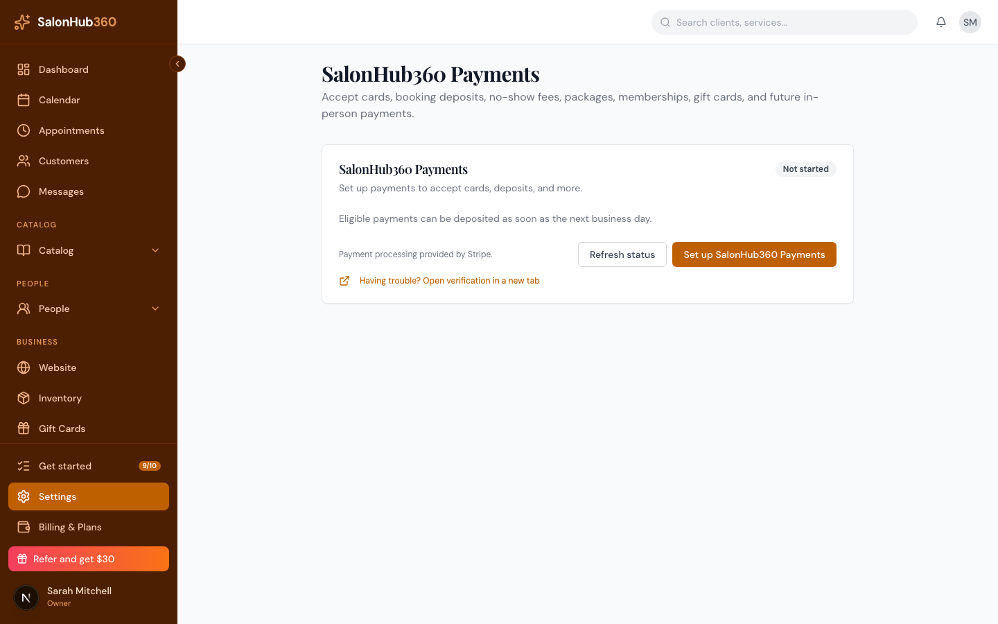 The Payments panel showing an Active status badge