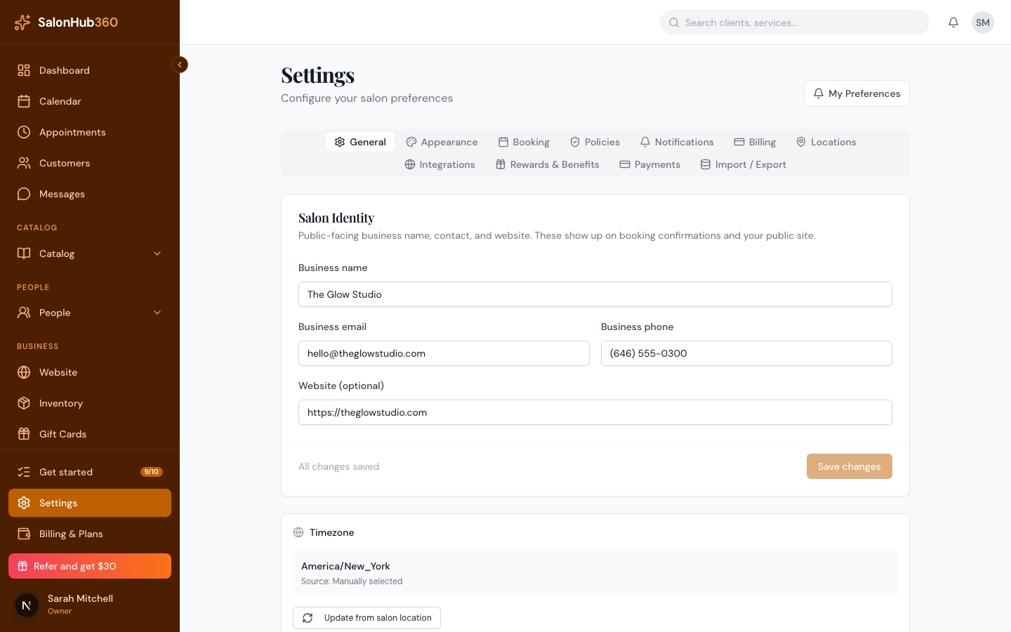 The Settings page with the Appearance tab selected, showing the Service layout card