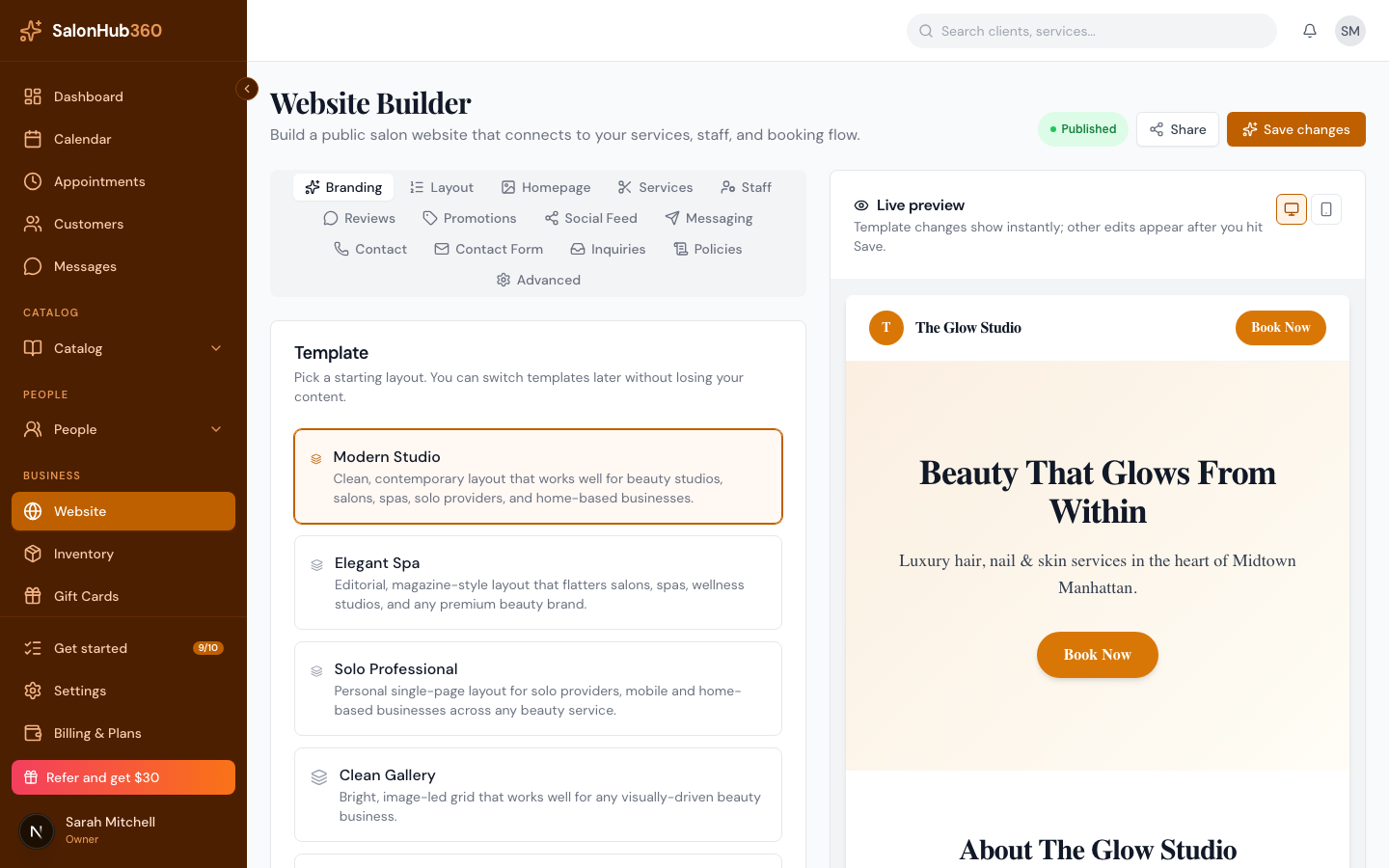 The Website Builder open on the Branding tab with the template picker and a live preview