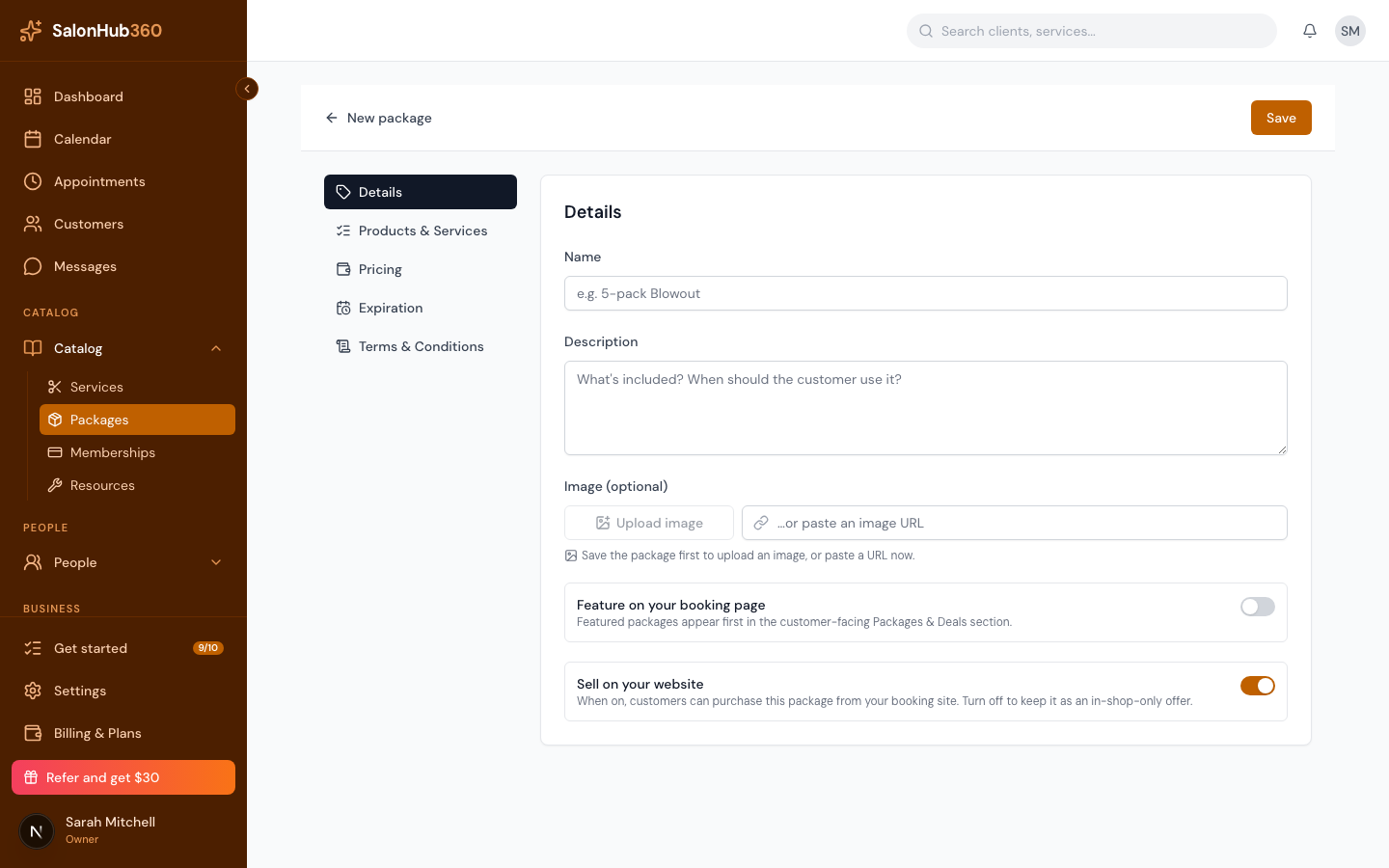 The Details section of the new package form