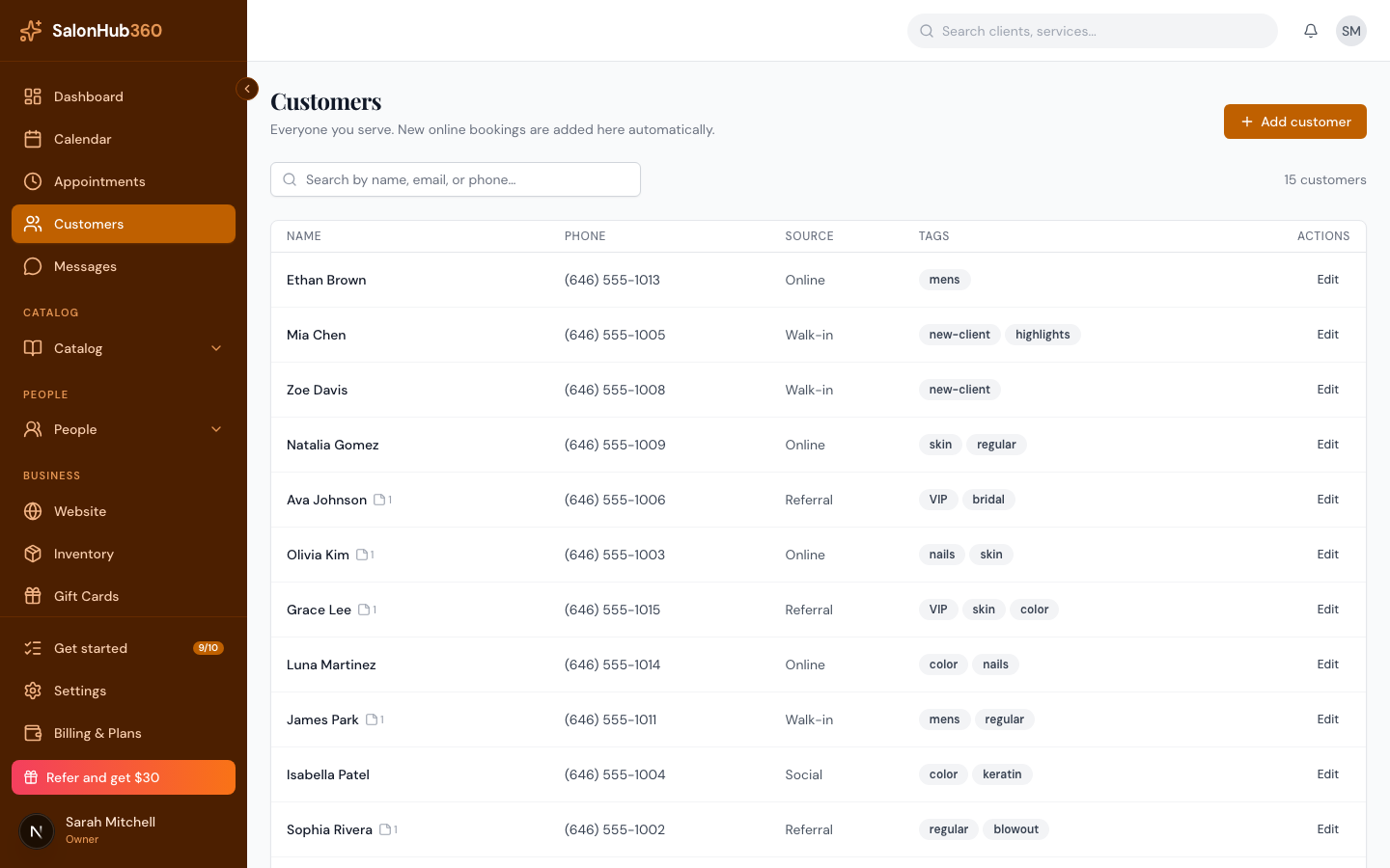 The Add customer dialog with name, email, phone, and birthday fields