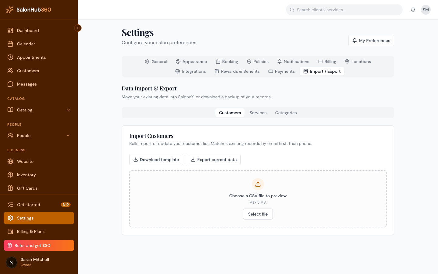The Settings Import / Export tab