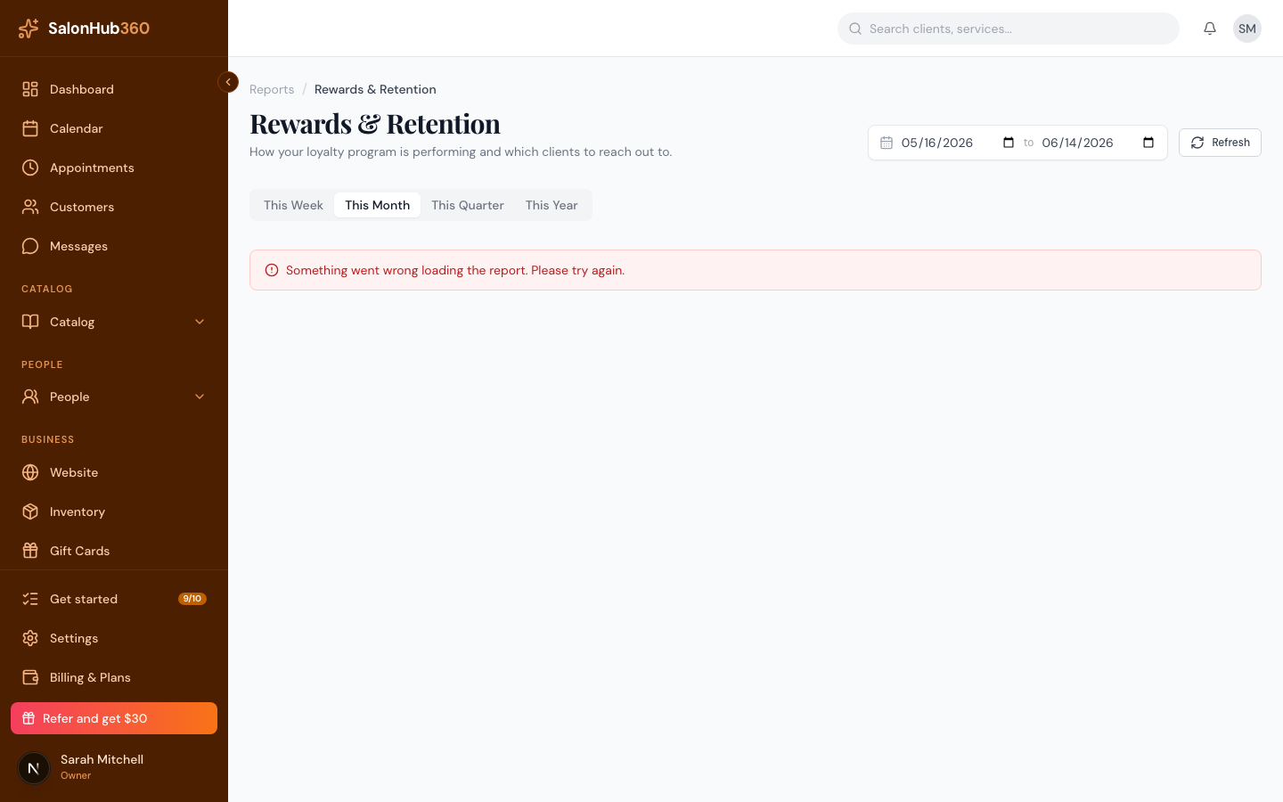 The Coming back section with retention metrics and the lapsed-clients list