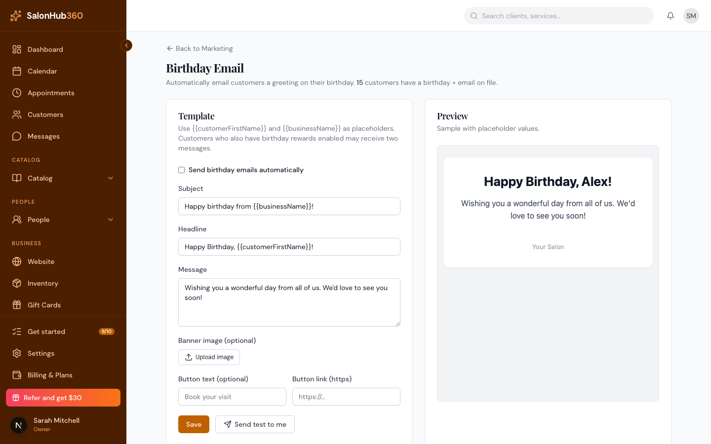 The Save button and the Send birthday emails automatically checkbox enabled