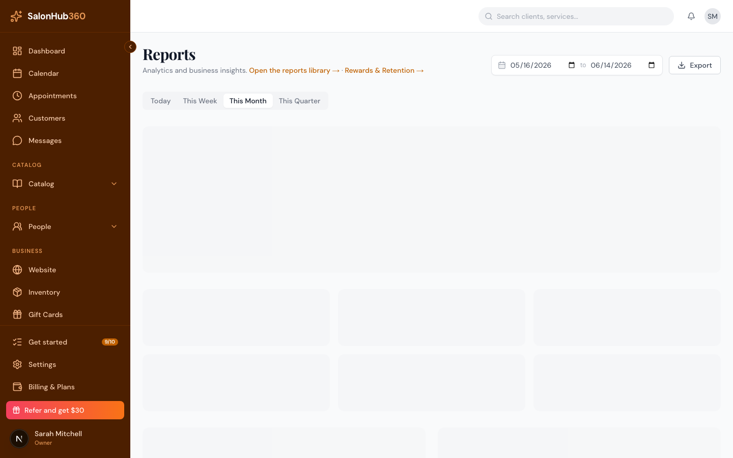 The Reports dashboard with summary metric cards across the top