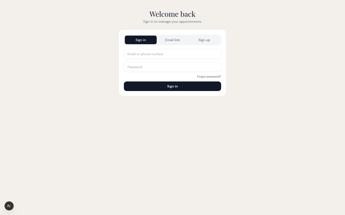 The sign-in screen with email and password fields and a Sign in button
